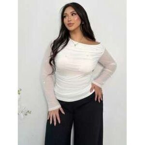 Firerie Elegant Minimalist Pearl Beaded Long Sleeve Mesh Asymmetric Shoulder T-…